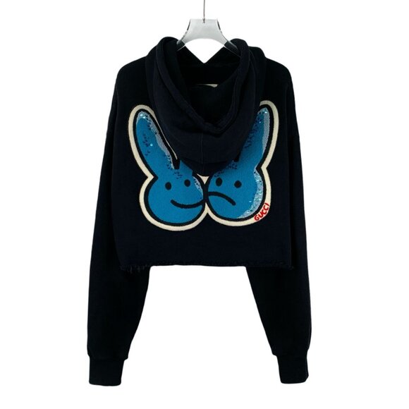 Gucci Black Cropped Hoodie Sweatshirt With Red GG Logo & Blue Rabbit Embroidery - Picture 6 of 6